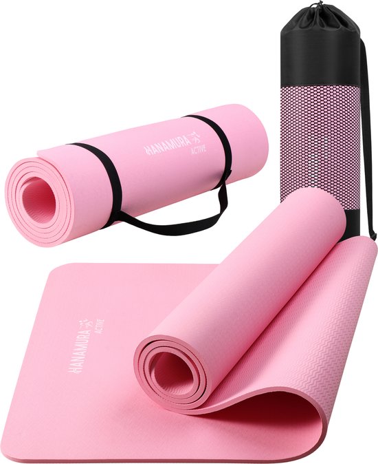 Hanamura Active Yoga Mat - Inclusief draagbare Opbergtas & strap - Fitnessmat van TPE Materiaal - Milieuvriendelijke Fitness Mat - 183x61 - Pilates Mat van 8 mm dik - Roze