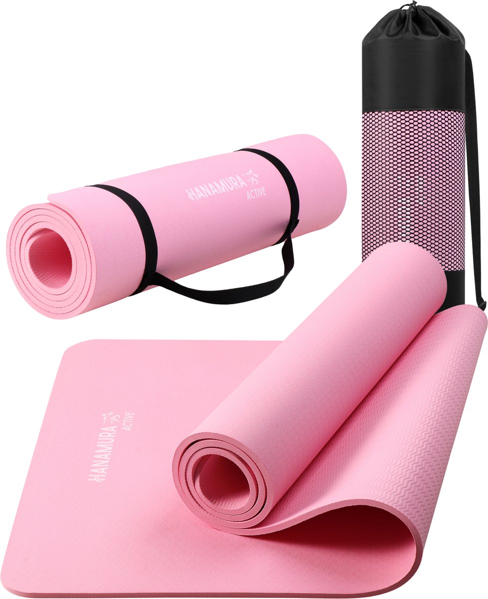 Hanamura Active Yoga Mat - Inclusief draagbare Opbergtas & strap - Fitnessmat van TPE Materiaal - Milieuvriendelijke Fitness Mat - 183x61 - Pilates Mat van 8 mm dik - Roze