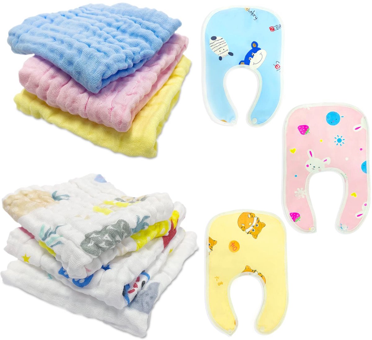 Image of 6 babydoekjes plus 3 slabbetjes, multifunctionele babydoekjes van hydrofiele katoen, antibacteriële babydoekjes van zacht katoen, spuugklaar