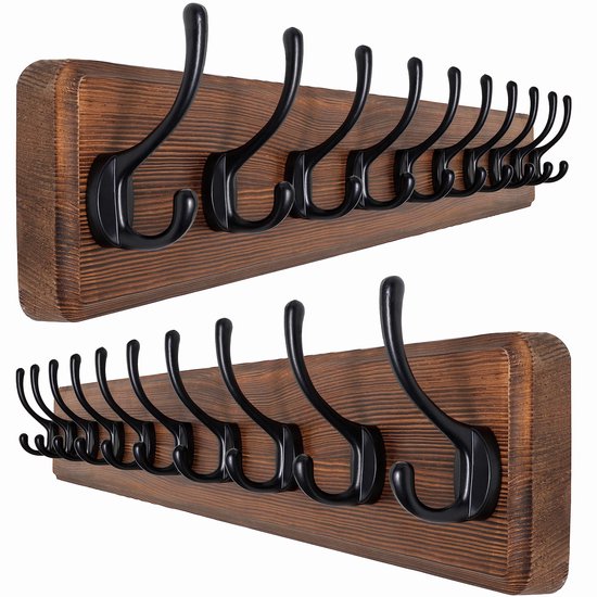 SKOLOO Kapstok Wandmontage 90cm - Houten Rustieke Kapstok Met 10 Drievoudige Haken - Bruin