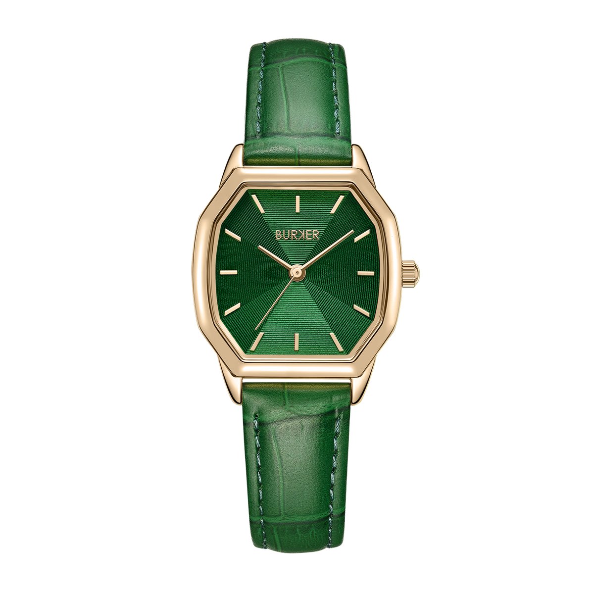 BURKER Julia Horloge Dames - Hexagon - Goud Groen - Leren Band - 32 mm