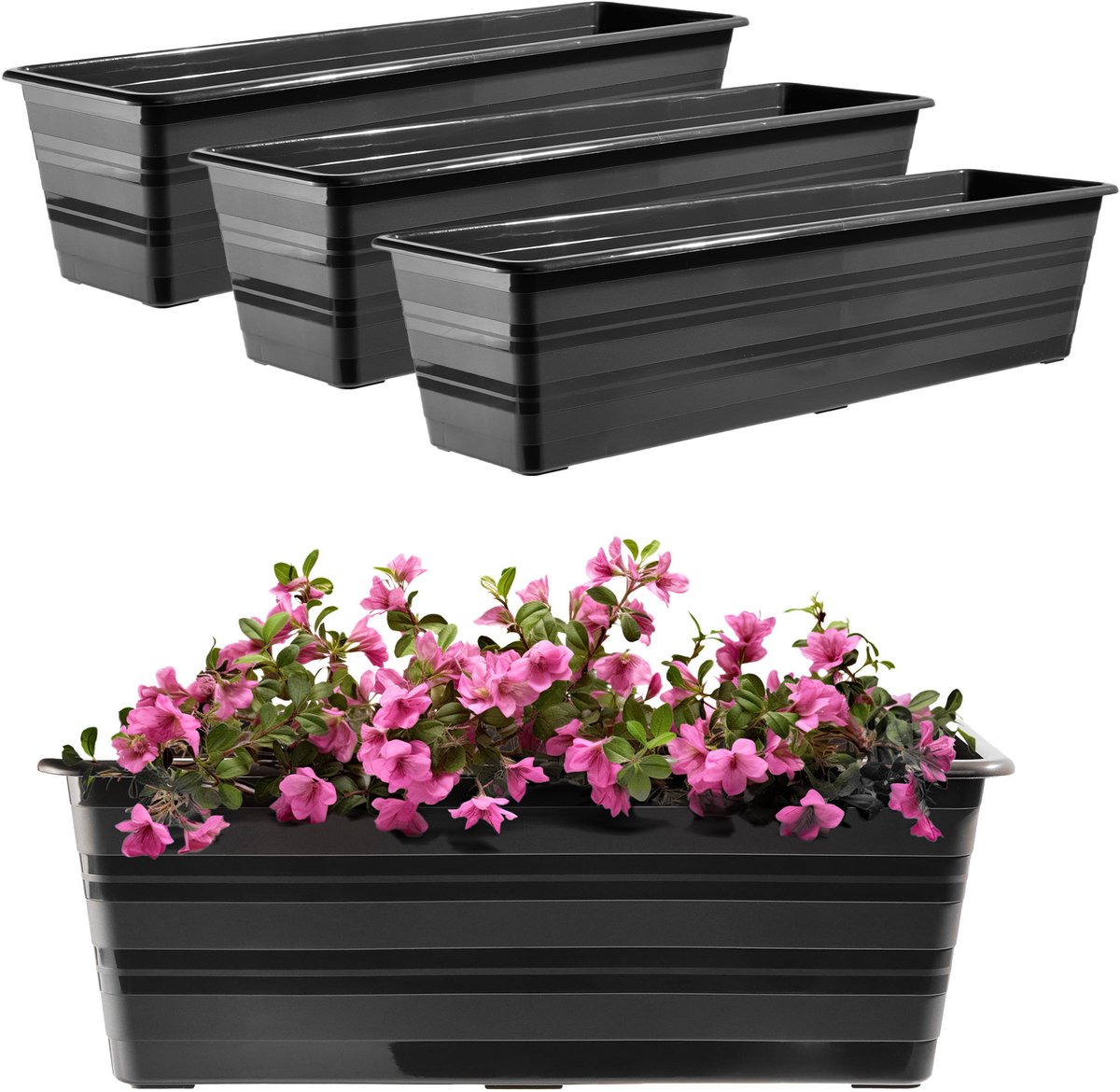 KADAX Set bloembak, 3 x 60 cm, antraciet, balkonpot van kunststof, weerbestendige plantenbak, bloempot, balustrade voor bloemen