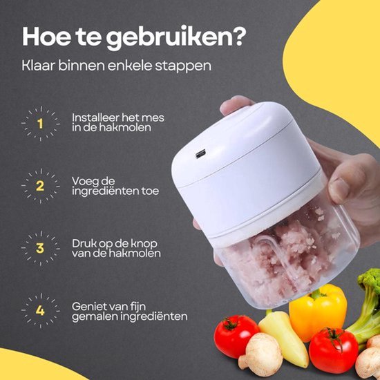 COCHO® Hakmolen elektrische - USB oplaadbal - Mini Portable Chopper - 250ml - Wit - Groentesijder van COCHO® — afbeelding 3