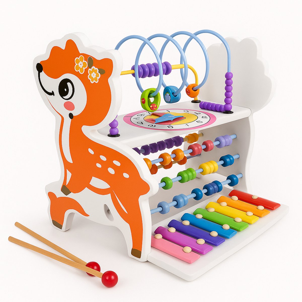 Houten Hert 5-in-1 Activity Center – Xylofoon, Kralenbaan, Klok, Telraam & Vormen – Educatief & Cadeauklaar