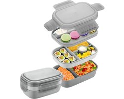 Lunchbox-lunchbox kinderen-lunchbox volwassenen-stapelbare Bento Lunchbox - 3-laags stapelbare Bento Lunchbox - Volwassenen en kinderen, Ingebouwde bestekset, Lekvrije Bento Lunchbox - Perfect om uit eten te gaan, op het werk - grijs