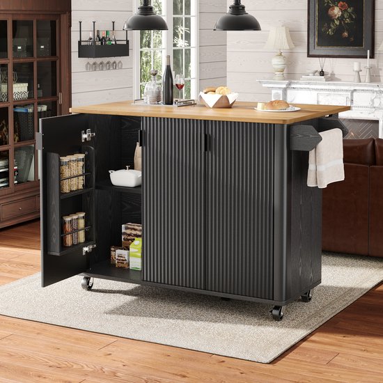 Îlot de cuisine, desserte avec veinage bois, buffet, 130x45(75)x92cm, desserte extensible sur roulettes avec porte-serviettes, étagère à épices, cloisons réglables, 3 portes, blanc/noir