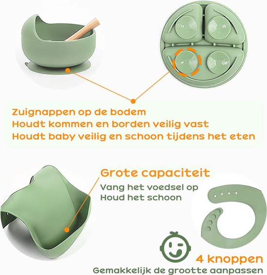 TTLUOKER®8-Delig Kinderservies set Siliconen - Baby Servies set Incl. bord met zuignap, drinkbeker met rietje, slabbetje en 2 sets Kinderbestek - Baby Bestek Siliconen - Vaatwasserbestendig - Ovenbestendig - BPA Vrij - Lichtgroen van Merkloos — afbeelding 5