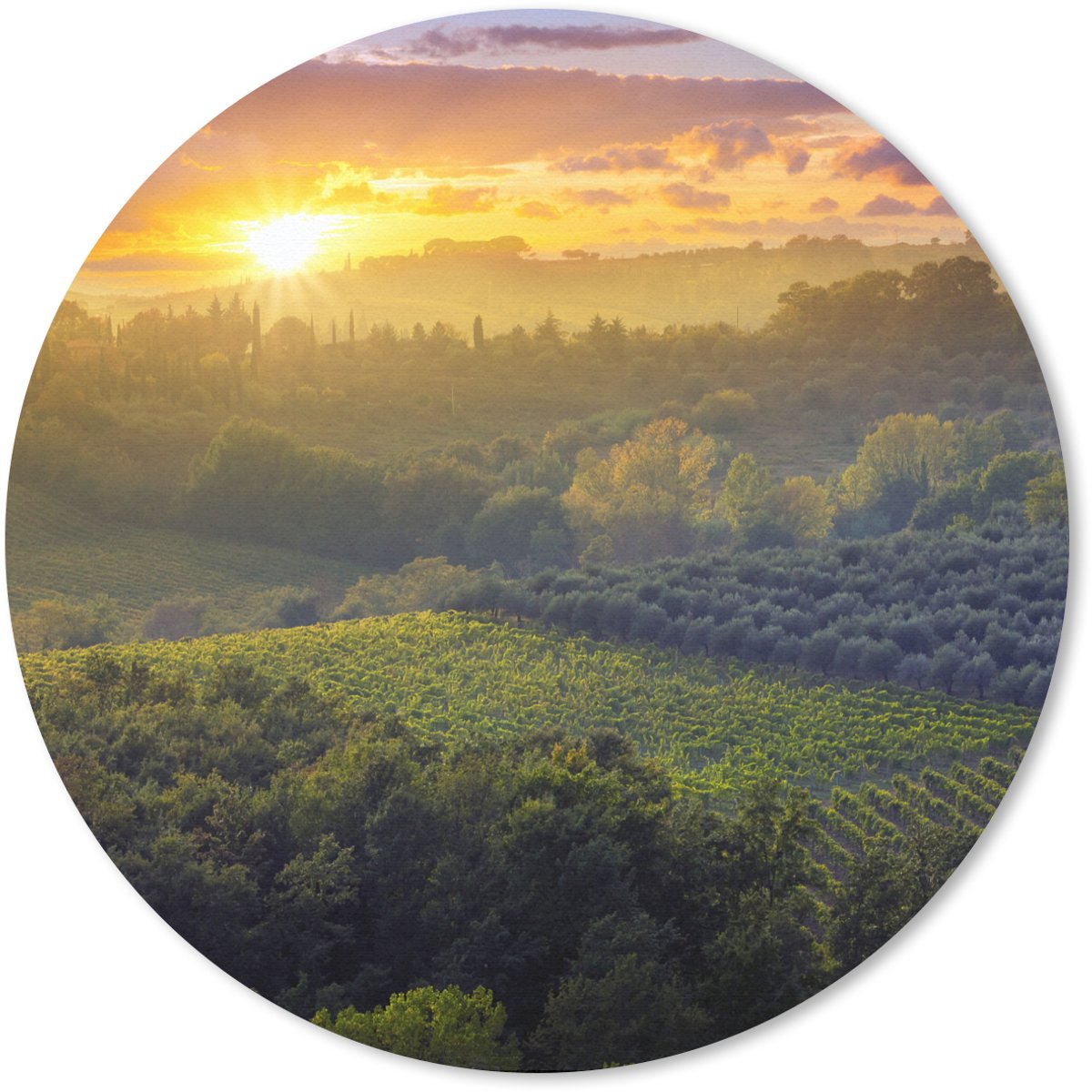 Muismat rond 40x40 cm - Mousepad Toscane - Landschap - Zon - Ronde muismatten