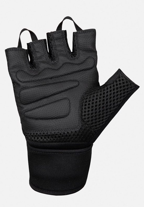 Zwarte fitnesshandschoen, halve vinger, met gestructureerde grip en mesh-detail aan de zijkant en polsband.