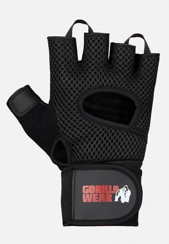Zwarte fitnesshandschoen met open handpalm, mesh bovenkant, polsband met Gorilla Wear logo.