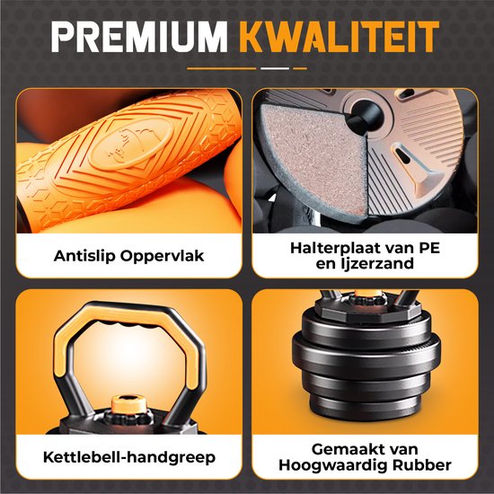 Close-up van een oranje antislip handvat, de onderkant van een halterplaat en een kettlebell handvat.