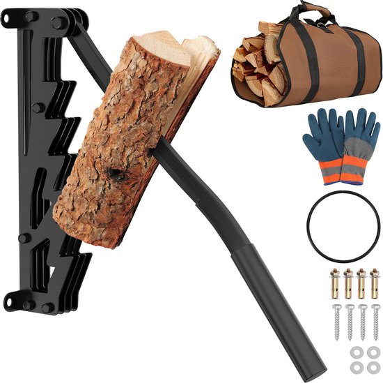 Zwarte houtklover met een blok hout dat gespleten wordt, inclusief bruine opbergtas, werkhandschoenen met oranje accenten, een ring en bevestigingsmateriaal.