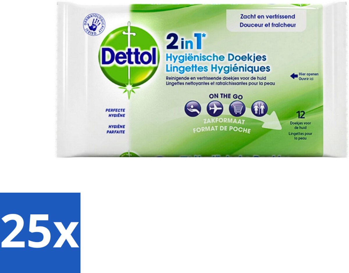 Dettol - Reinigingsdoekjes - 2-in-1 Reiniging & Desinfectie - On the Go - 12 Doekjes - Bulkverpakking - 25 stuks