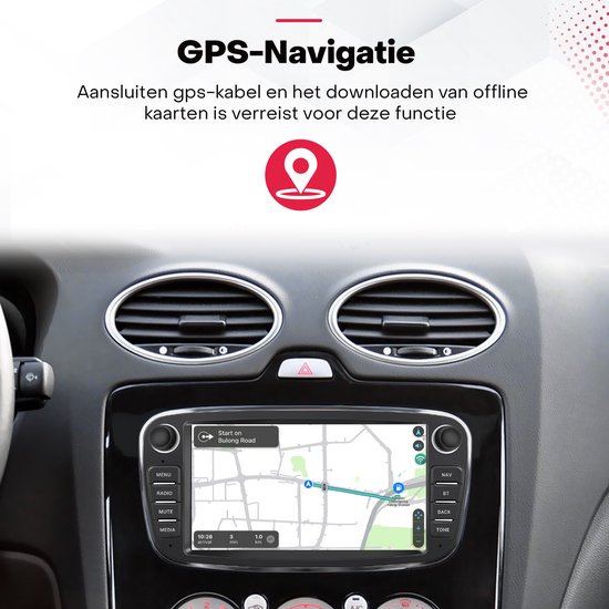 Autoradio met navigatiesysteem op het scherm, met een route getoond in een stad.