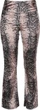 Rechte bruine legging met zwart slangenprintpatroon.