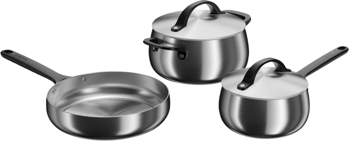 BergHOFF Home Pannenset RVS – 5-delig Kookpannenset met Deksels - PFAS-Vrij – Steelpan Ø 16 cm – Kookpot Ø / 20 cm – Braadpan Ø 24 cm – Geschikt voor Inductie, Gas, Elektrisch en Keramisch – Oven- en Vaatwasserbestendige Kookpannen - Smokey Black