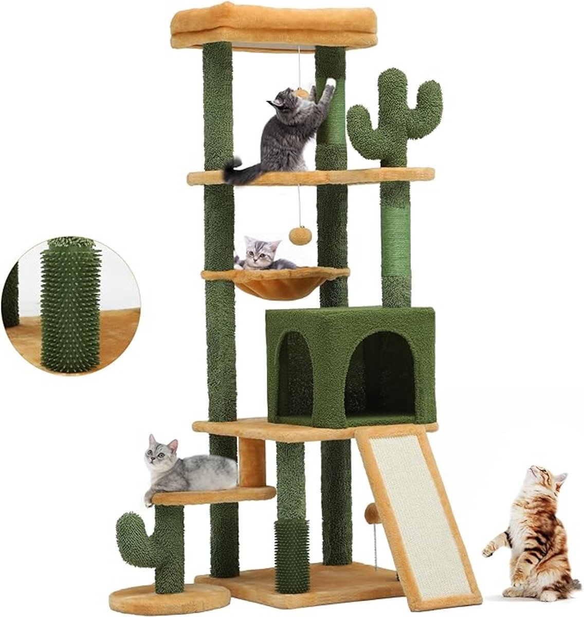 153 cm hoge cactus kattenboom – Met zelfverzorgende borstel & speelgoedballen – Sisal palen