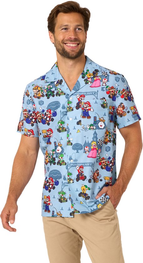 OppoSuits Mannen Hawaiian Mario Kart - Heren Blouse - Mario Overhemd - Hawaii Hemd - Blauw - Shirt - Maat XS