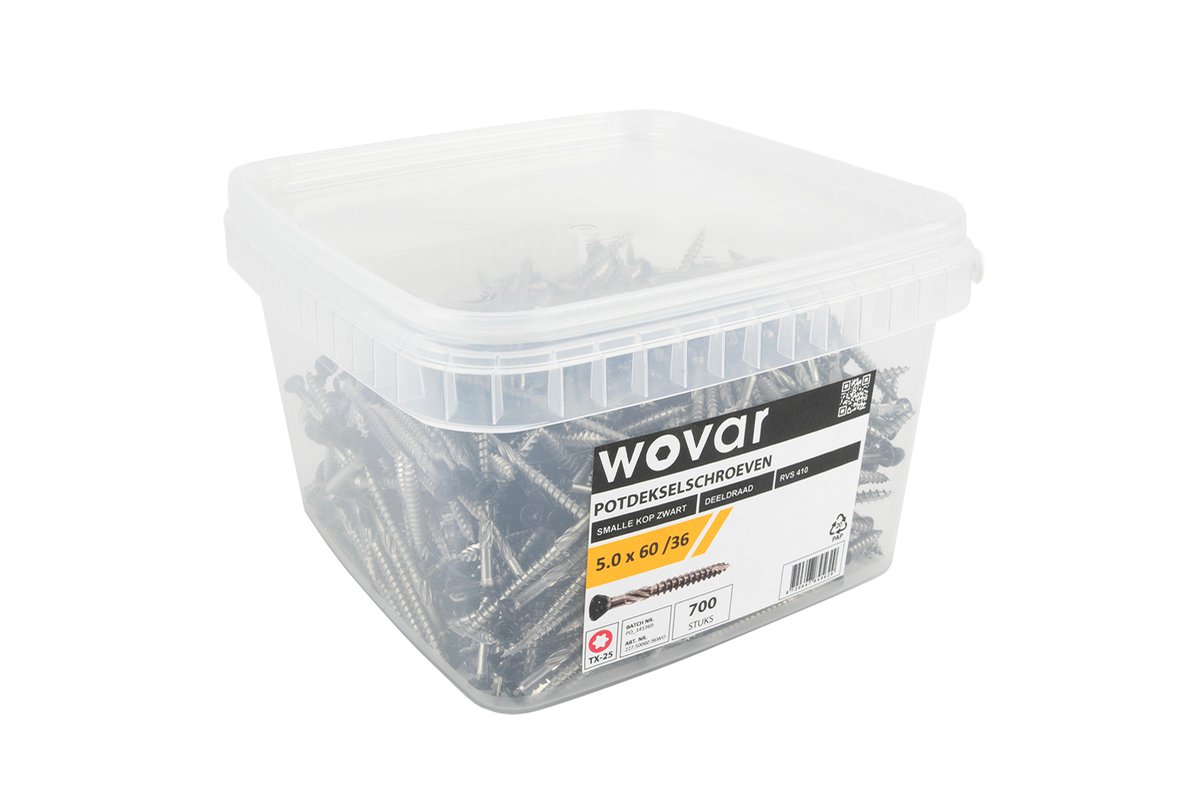 Wovar Voordeelemmer Potdekselschroeven Zwart RVS 410 5.0 x 60 mm Torx 25 Deeldraad | 800 stuks | Houtschroeven