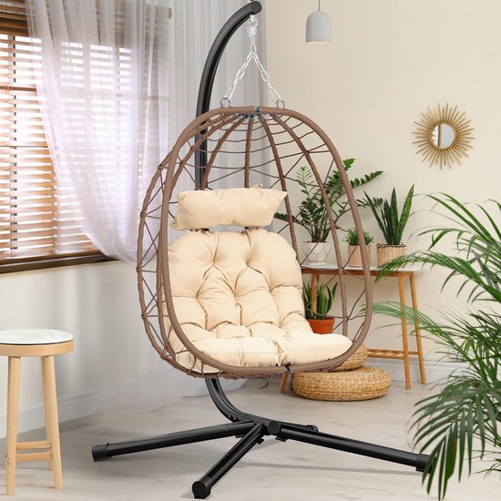 Fauteuil suspendu en rotin avec coussin et structure – Fauteuil suspendu robuste pour l'intérieur et l'extérieur – Charge maximale : 150 kg – 195 x 120 x 108 cm (marron)