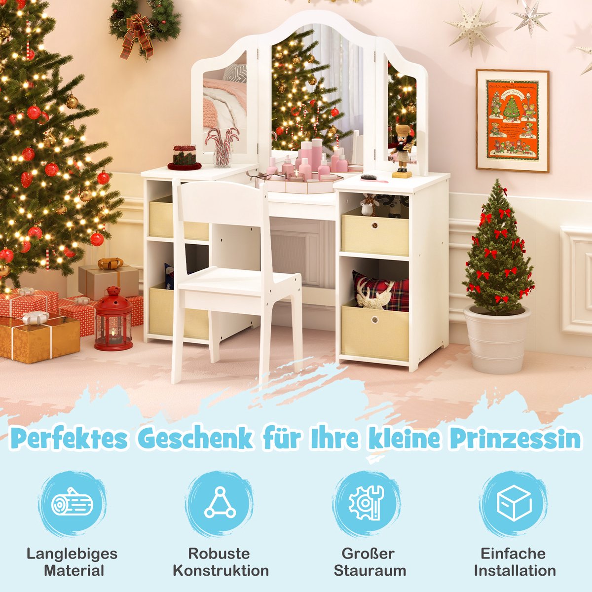 Costway 2-in-1 Kaptafel Kind - Make-uptafel & Bureau voor Meisjes - Wit — afbeelding 4