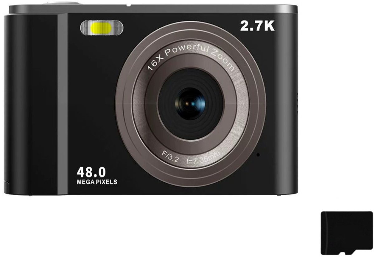 Digitale camera 2,7K 48MP 1080P, 16x zoom, 32GB geheugenkaart