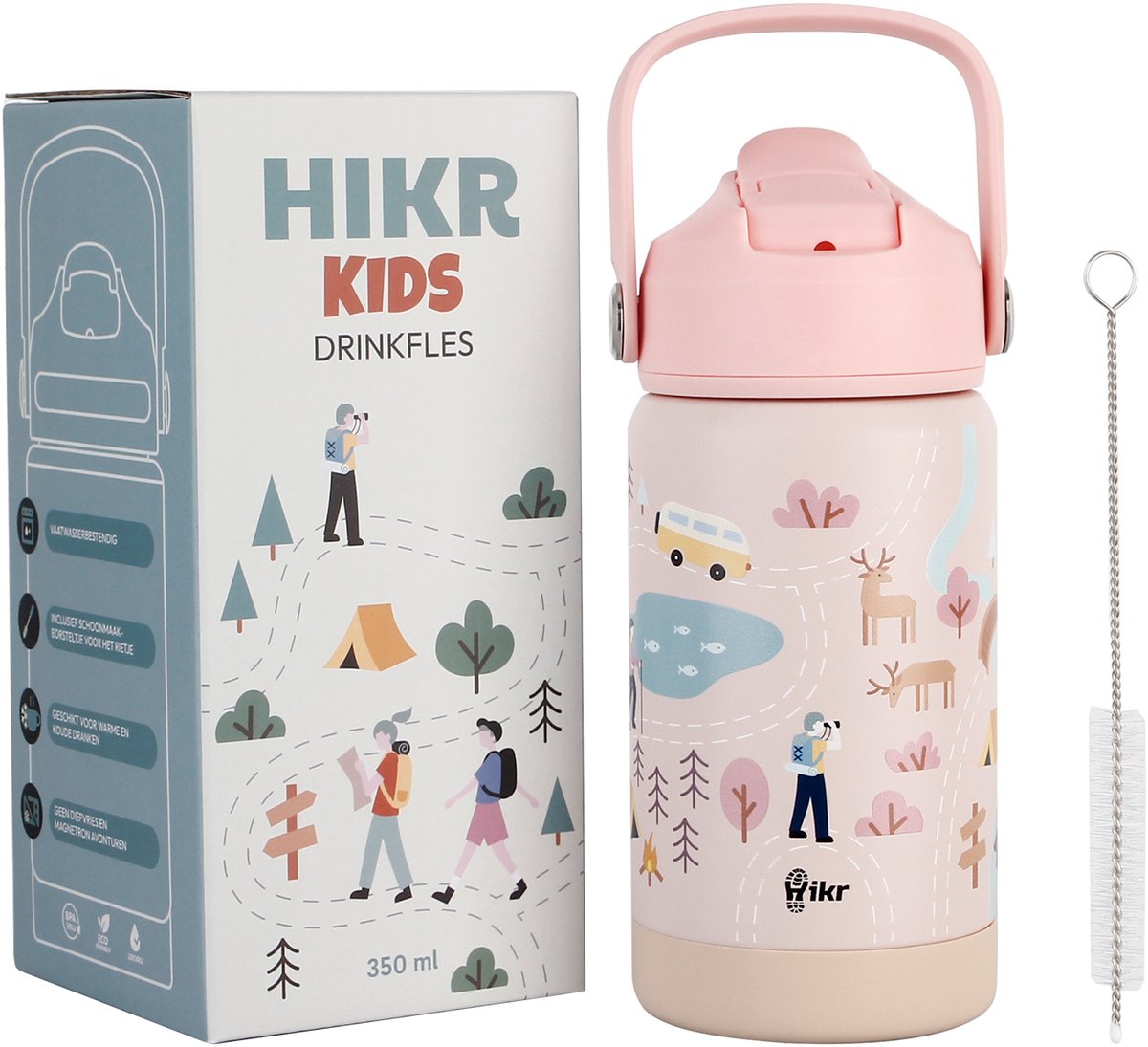 Hikr Kinder Drinkfles – RVS Drinkbeker & Schoolbeker 350ml – Lekvrij met Rietje – Reisbeker voor Jongens & Meisjes – Outdoor – Roze