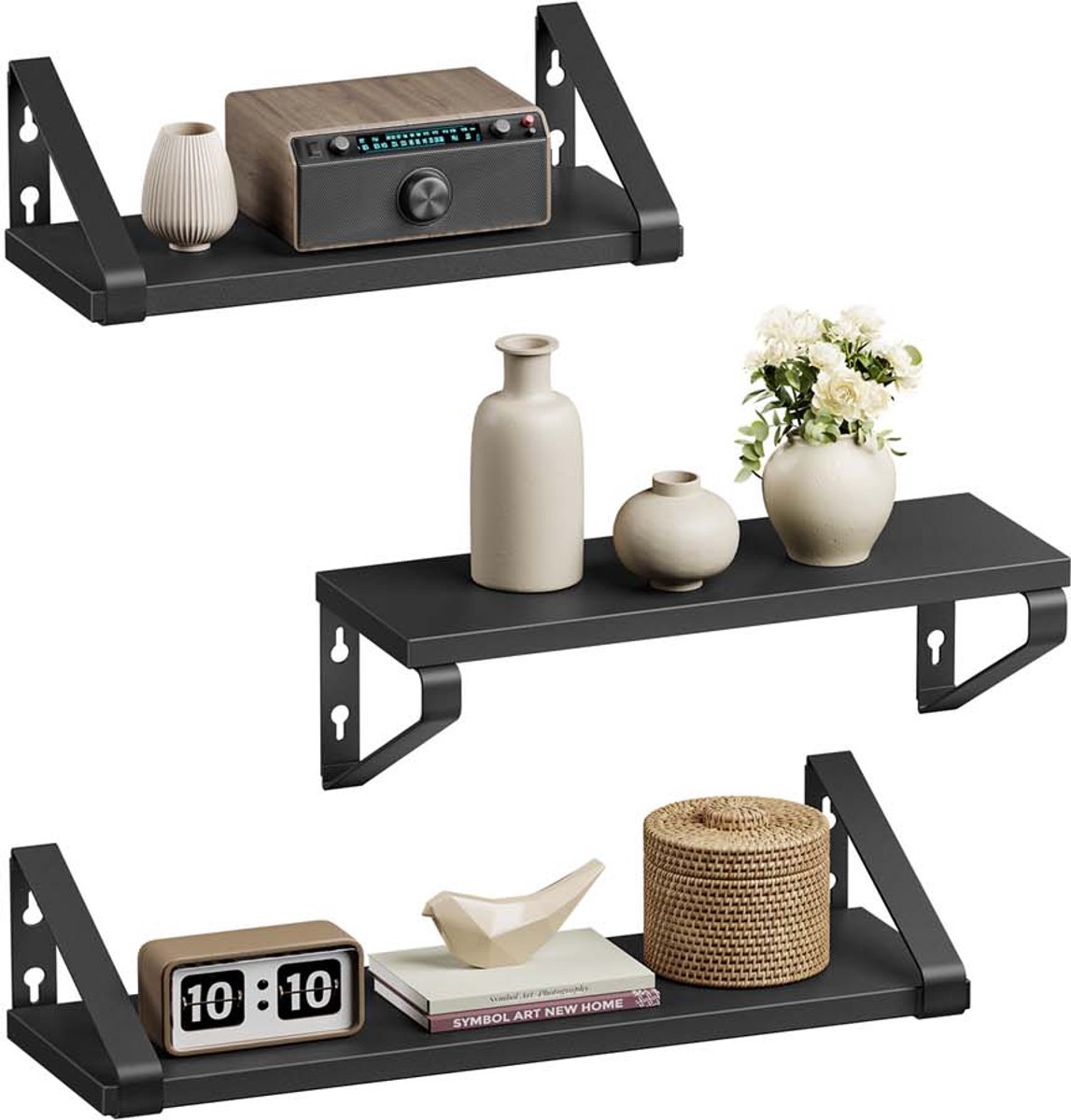 3 -delige muurplank Set - zwevende plank - Display planken - Dubbele montageopties - HOUTEN TRANKBOUD & STALEN - Zwart