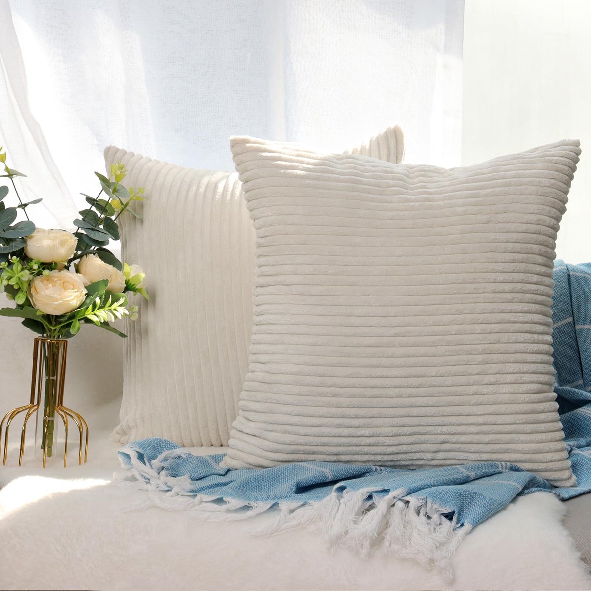 Ibenzoa Kussensloop van Corduroy, Set van 2, Verschillende Kleuren, 40x40 cm wit