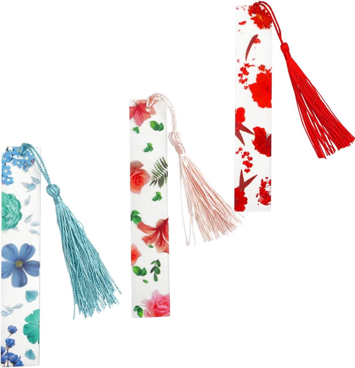 Allecto Plus - Bloem Bladwijzer Set met Kwastjes voor Meisjes en Vrouwen - Paginamarkeringen - Acryl - Schattige Levendige Bloemmotieven - Verjaardag en Afstudeercadeau - Rood Groen Roze - Set van 3