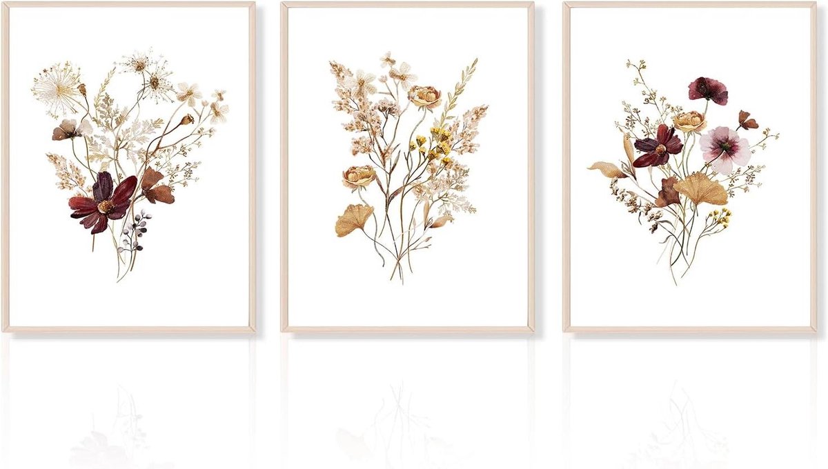Inovra Plus - Botanische Muurdecoratie Set van 3 - Kleurrijke en Minimalistische Wilde Bloemenprints - Vintage Stijl - Voor Slaapkamer - Formaat 12x16 inch - Niet Omlijst