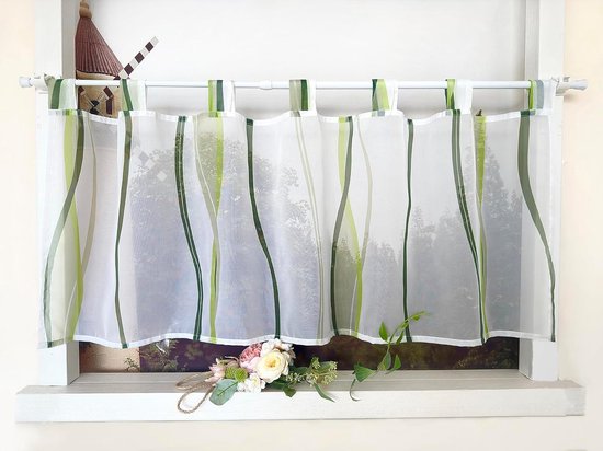 Rideau voilage à motif vagues Gardine Print Rideau court avec passants Rideau de cuisine Court Rideau de bistro en voile moderne Transparent HxL 45x60cm Vert 1 pièce