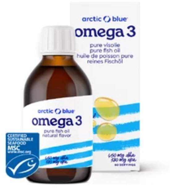 Fles en verpakking van Arctic Blue Omega 3 pure visolie met MSC-certificering.
