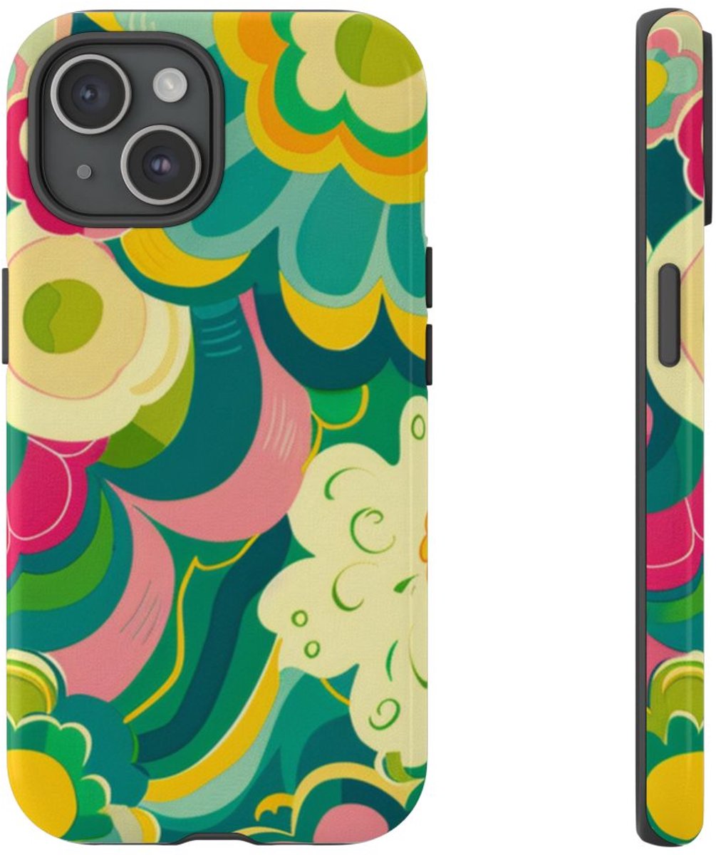 Vrolijk Bloemenpatroon uit de Jaren 70 – Telefoonhoesje Geschikt voor iPhone 15