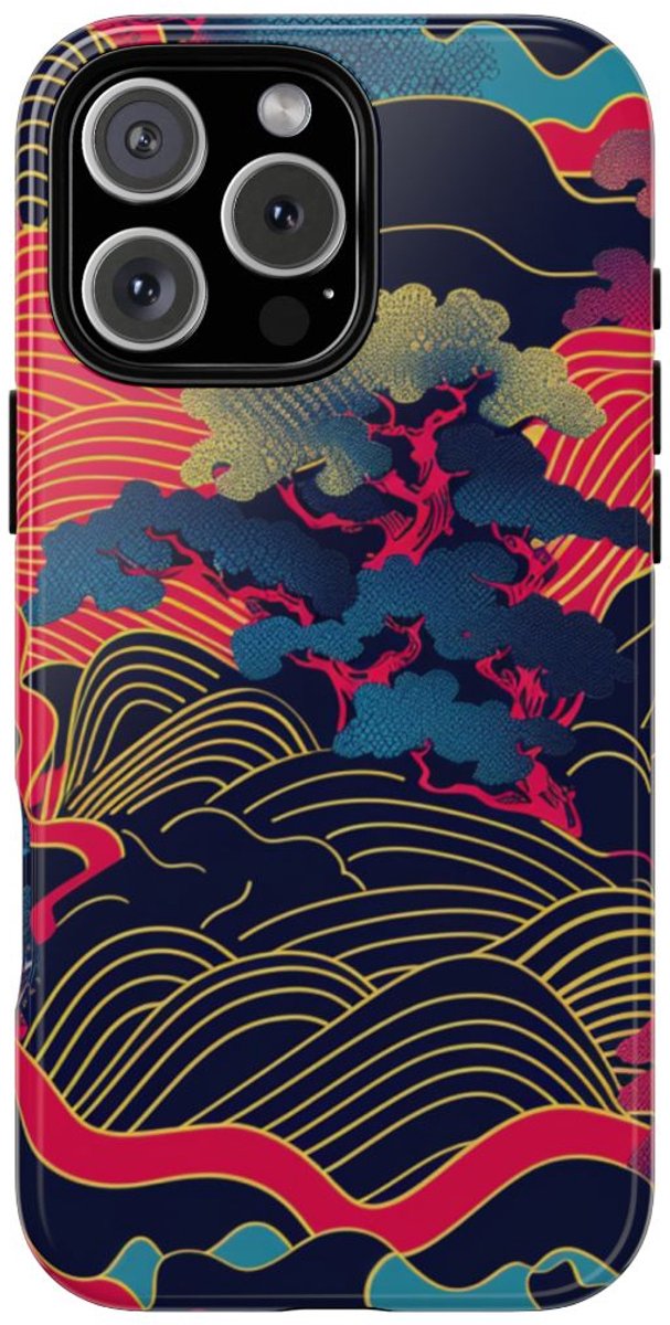 Neon Japanse Landschapspatroon – Telefoonhoesje Geschikt voor iPhone 16 Pro Max