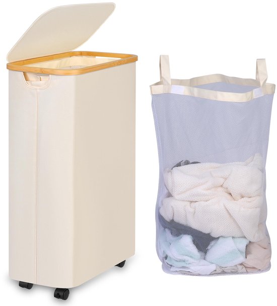 iEGrow Wasmand voor wasgoed,150 liter, XL, 2 compartimenten, met bamboe handvat en deksel, opslag van vuile kleding, opvouwbaar, voor kleding, speelgoed, handdoeken (beige