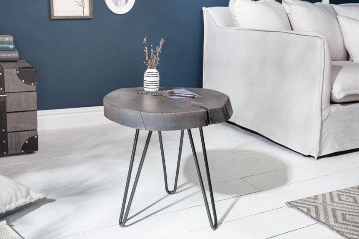 Ronde bijzettafel GOA 45cm grijs massief acaciahout boomschijf kruk haarspeldpoten metaal - 39597
