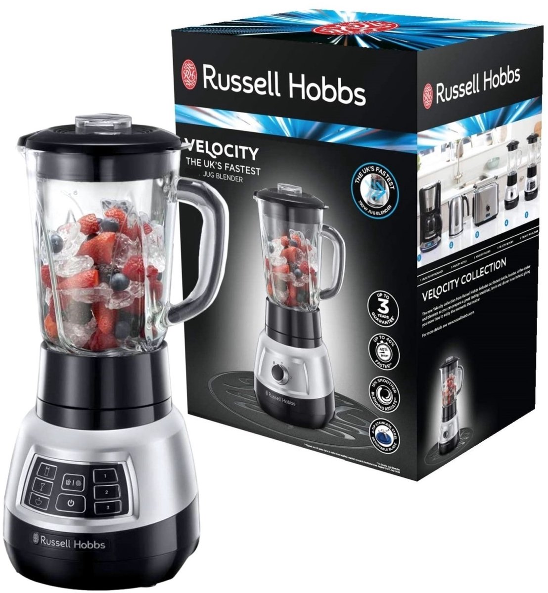 Russell Hobbs Velocity Pro 1,5 l Blender voor op aanrecht 1000 W Zwart, Roestvrijstaal, Transparant