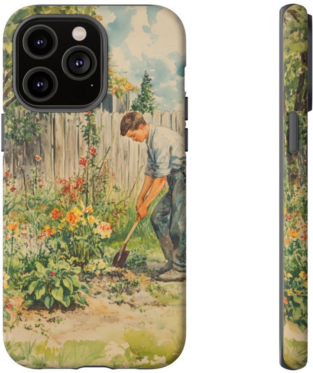 Man Die in Tuin Met Bloemen Graaft – Telefoonhoesje Geschikt voor iPhone 14 Pro Max