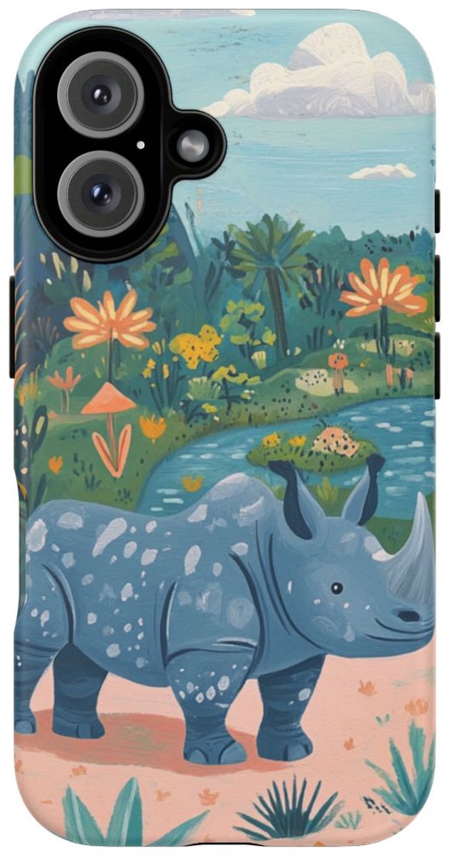 Blauwe Neushoorn Illustratie – Telefoonhoesje Geschikt voor iPhone 16