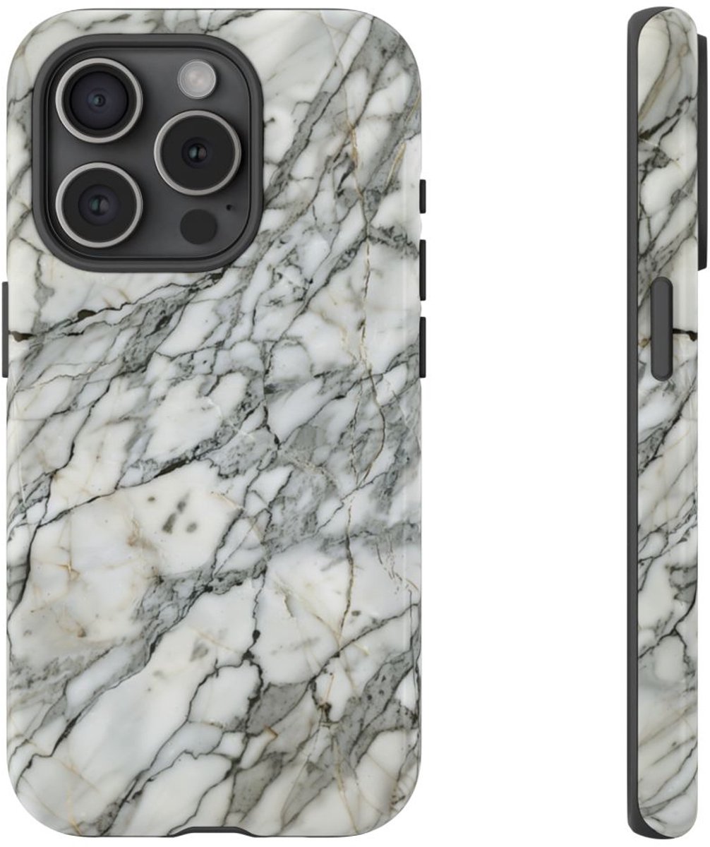 Wit Marmerpatroon met Glanzende Afwerking – Telefoonhoesje Geschikt voor iPhone 15 Pro