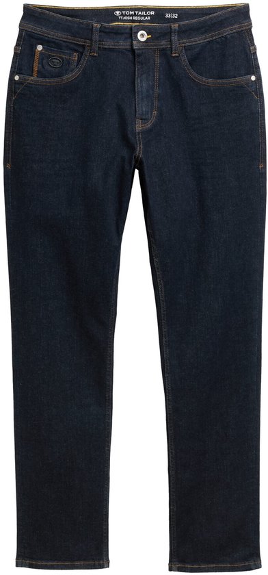 Donkerblauwe jeans met TOM TAILOR op de achterkant van de tailleband, met stiksels.