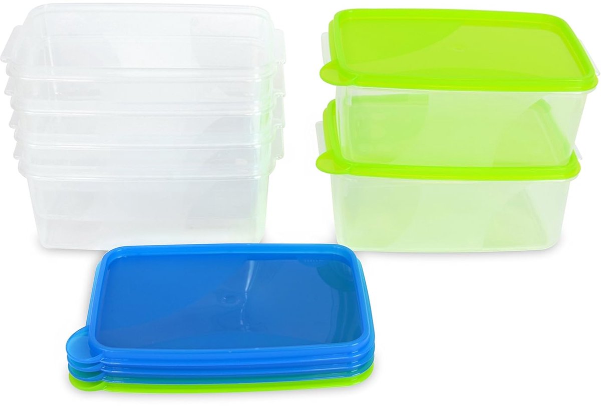 Rechthoekige voedselopslagcontainers - set van 6 - blauw/groen - PP polypropyleen - 1,3 liter