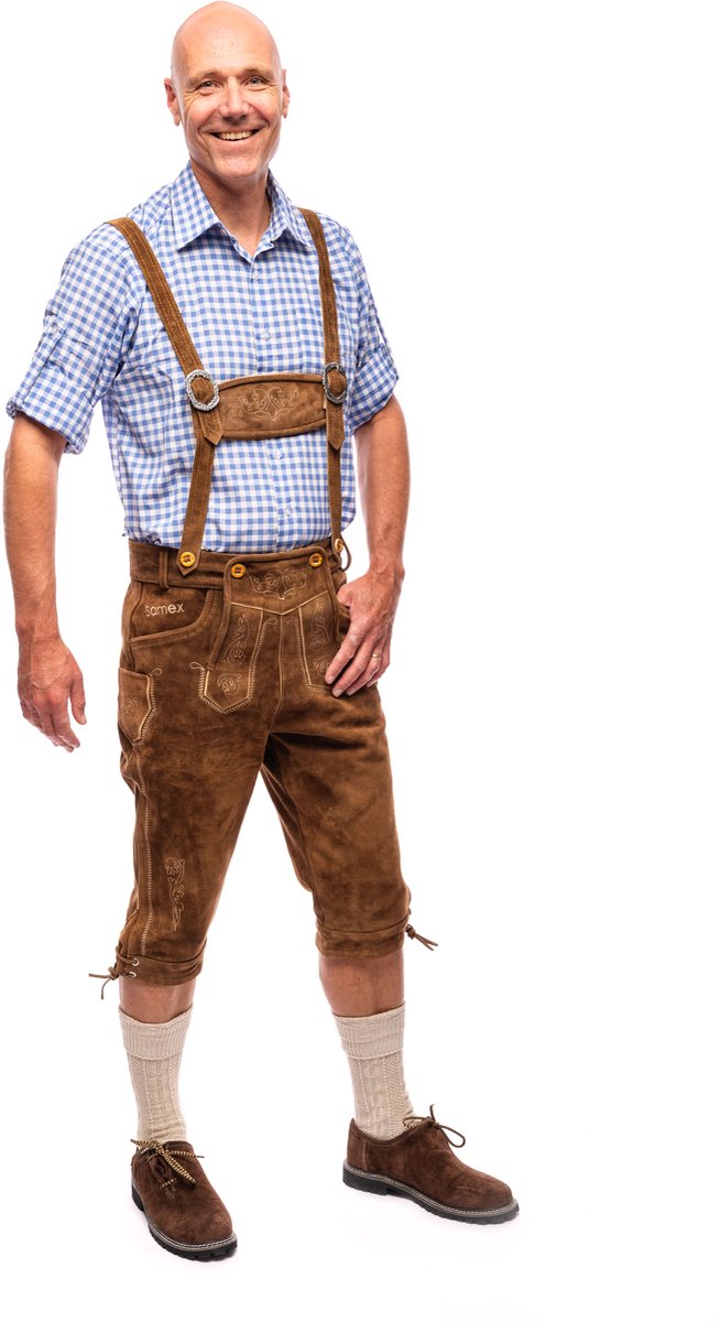 Samex® Lederhosen Man - Oktoberfest Kostuum Heren - Lange Lederhose - Koeienleer - Verkleedkleren mannen - Carnavalskleding - Lichtbruin - Maat 48 (M)