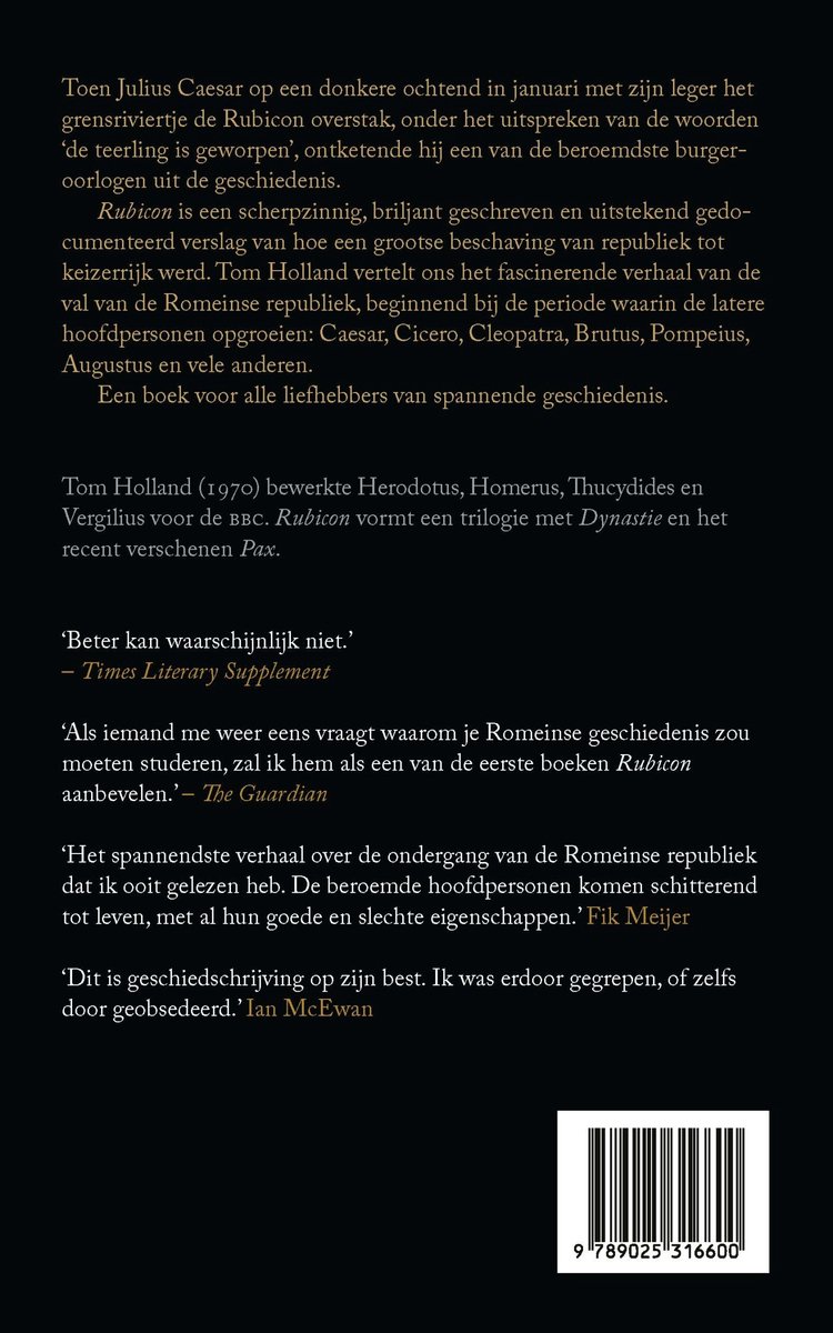 Boek "Rubicon", een Romeinse geschiedenis, met tekst en quotes over het Romeinse Rijk. Zwart-wit.