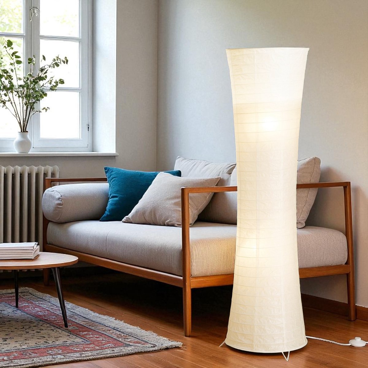Trango Design LED Rijstpapier Vloerlamp 1229L *SWISS* Rijstpapier Lamp *HANDGEMAAKT* Vloerlamp met witte lampenkap incl. 2x E14 LED lampen, vorm: rond, hoogte: 125cm, woonkamer lamp, vloerlamp thumbnail 5