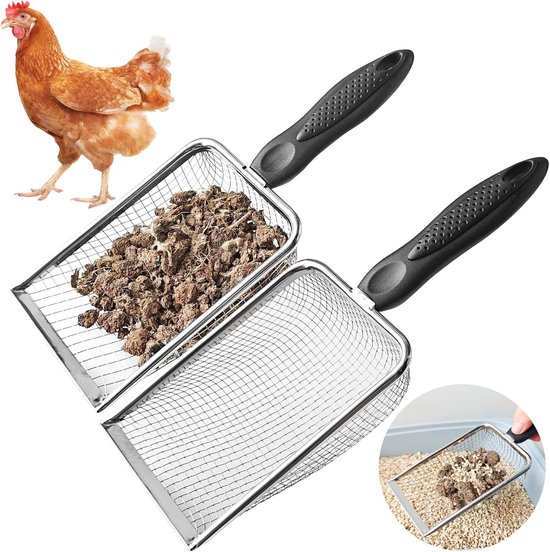 Lot De 2 Pelles à Fientes Poules – Maille 3,8 Mm Et 5 Mm, En Acier Inox, Poignée Confortable, Pour Poulailler, Chat Et Nettoyage Litière