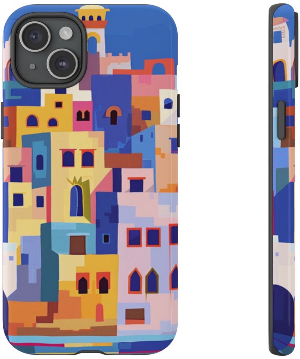 Kleurrijke Illustratie van een Kuststad – Telefoonhoesje Geschikt voor iPhone 15 Plus