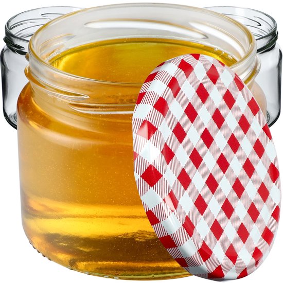 KADAX Inmaakpotten met schroefdeksel, jampotten, 330 ml, voorraadpotten voor jam, honing, potten met schroefdop (rood geruit/10 stuks)
