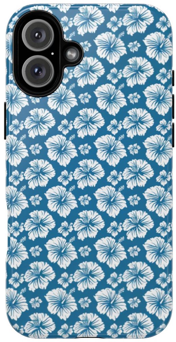Wit Hawaïaans Bloemenpatroon op Blauw – Telefoonhoesje Geschikt voor iPhone 16 Plus